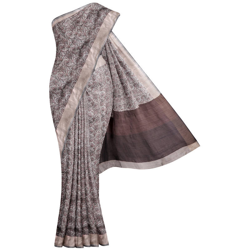 Taskeen + Tussar/Dupoin + KAMINI TUSSAR DUPION PRINTED SAREE + KALAMKARI/GRAY + buy