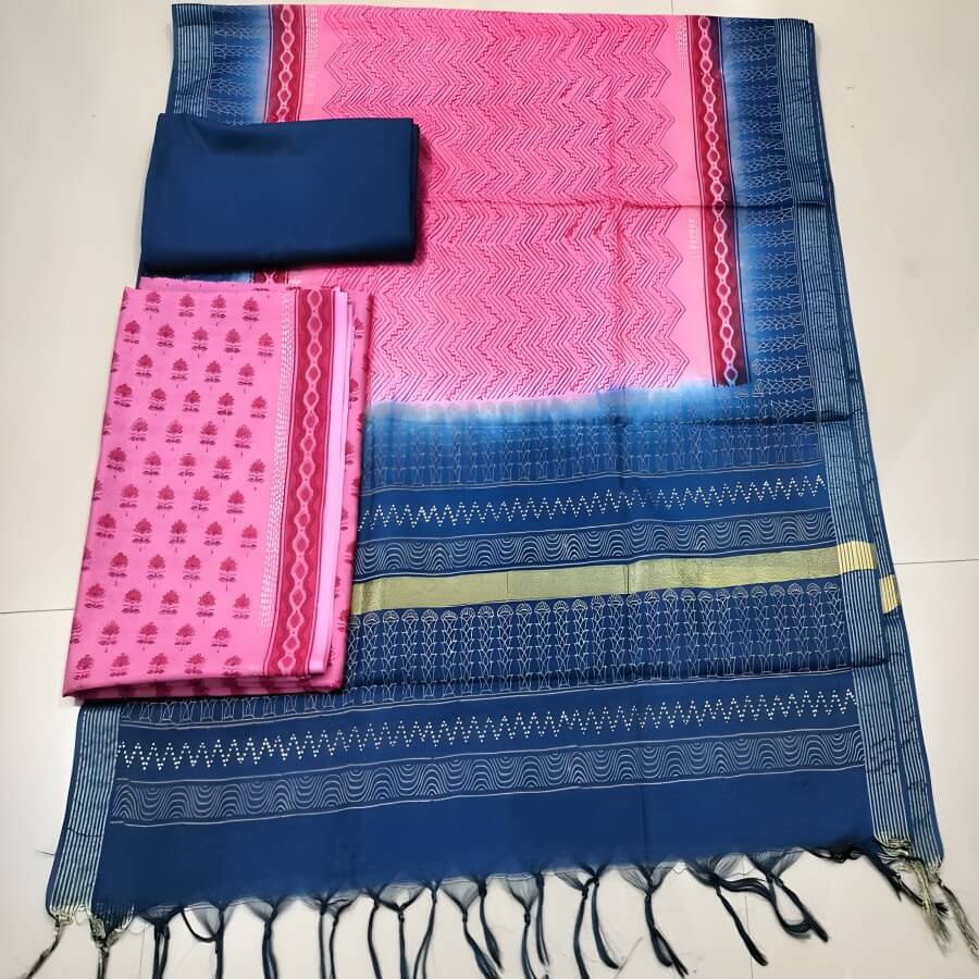 Taskeen + Banarsi Chanderi + CHANDERI HIBA PINK DEEP BLUE RED + PINK DEEP BLUE RED + buy