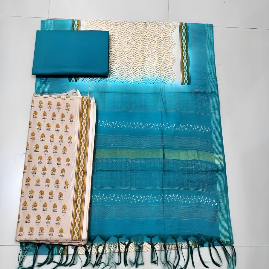 Taskeen + Banarsi Chanderi + CHANDERI HIBA BEIGE,SKY BLUE YELLOW GREEN + BEIGE,SKY BLUE YELLOW GREEN + buy