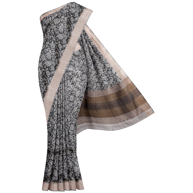 Taskeen + Tussar/Dupoin + YASMIN  TUSSAR DUPION PRINTED SAREE + KALAMKARI/GRAY + buy