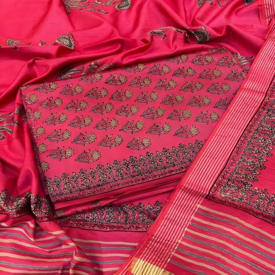 Taskeen + Banarsi Chanderi + CHANDERI HIBA RED YELLOW DARK GREEN + RED YELLOW DARK GREEN + buy